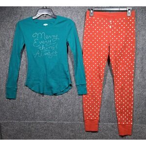 Old Navy Waffle Knit Thermal Pajamas Holiday Set Color Teal Top & Pants Red Dots